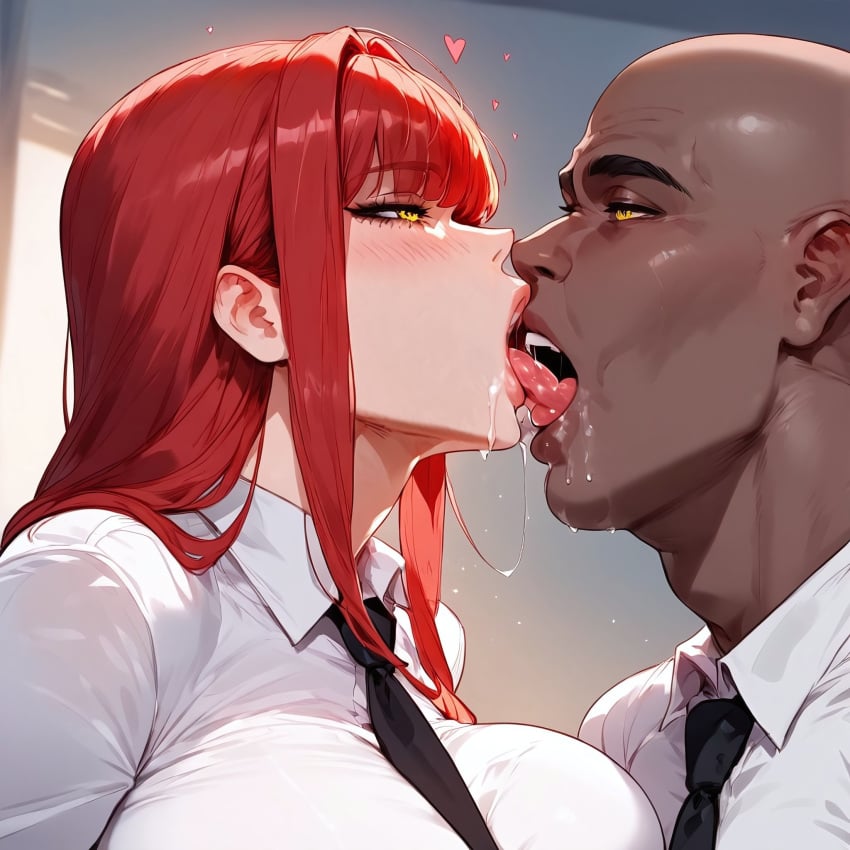 1boy 1girls ai_generated big_breasts chainsaw_man dark-skinned_male drooling drooling_tongue female french_kiss french_kissing kissing makima_(chainsaw_man) male office_lady red_hair saliva soujii thiccwithaq_(ai_style) thick_lips tongue_kiss ugly_bastard ugly_man