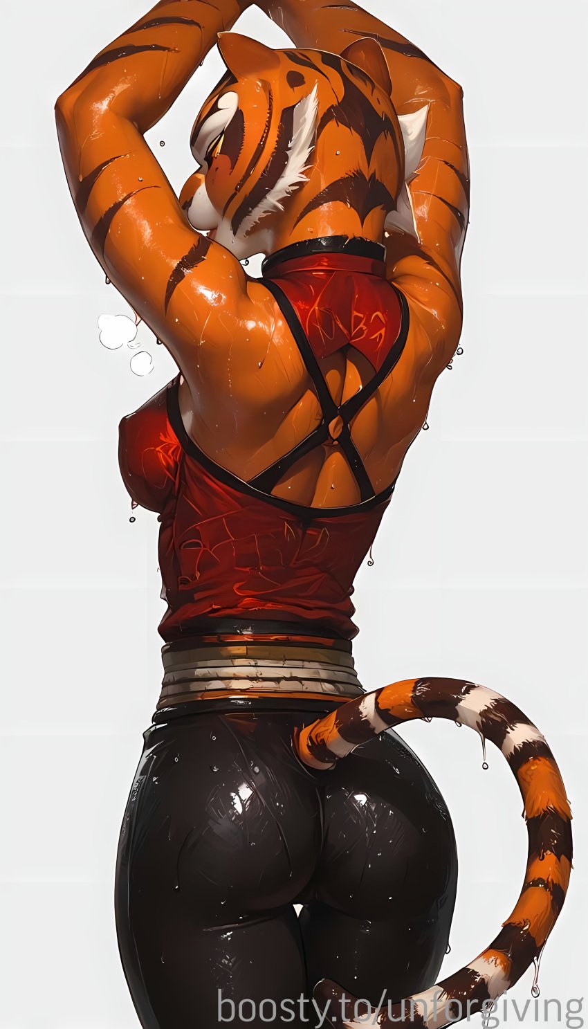 1girls ai_generated ass ass_focus black_pants breasts covered_nipples female female_only fur kemono kung_fu_panda large_breasts master_tigress orange_body orange_fur orange_hair pants red_kimono red_topwear solo sweat sweatdrop unforgiving wet wet_body wet_clothes wet_skin