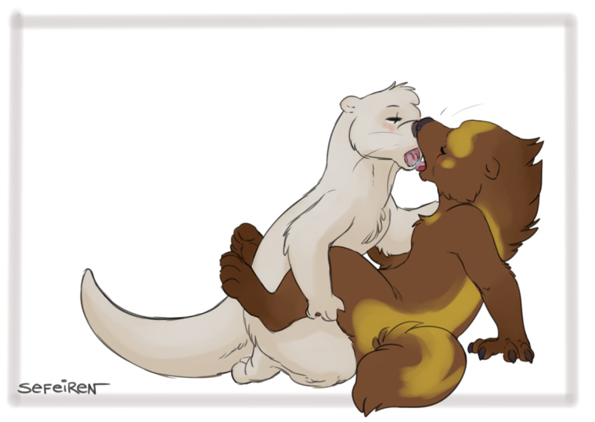 2016 anthro blush brown_fur brown_nose claws duo female fur hand_on_shoulder hindpaw kissing kneeling leg_grab male mammal mustelid nude open_mouth otter otterface paws penetration reed romantic_couple saliva sefeiren sex simple_background sitting straight thick_tail tongue tongue_out vaginal_penetration whiskers white_background white_fur wolverine