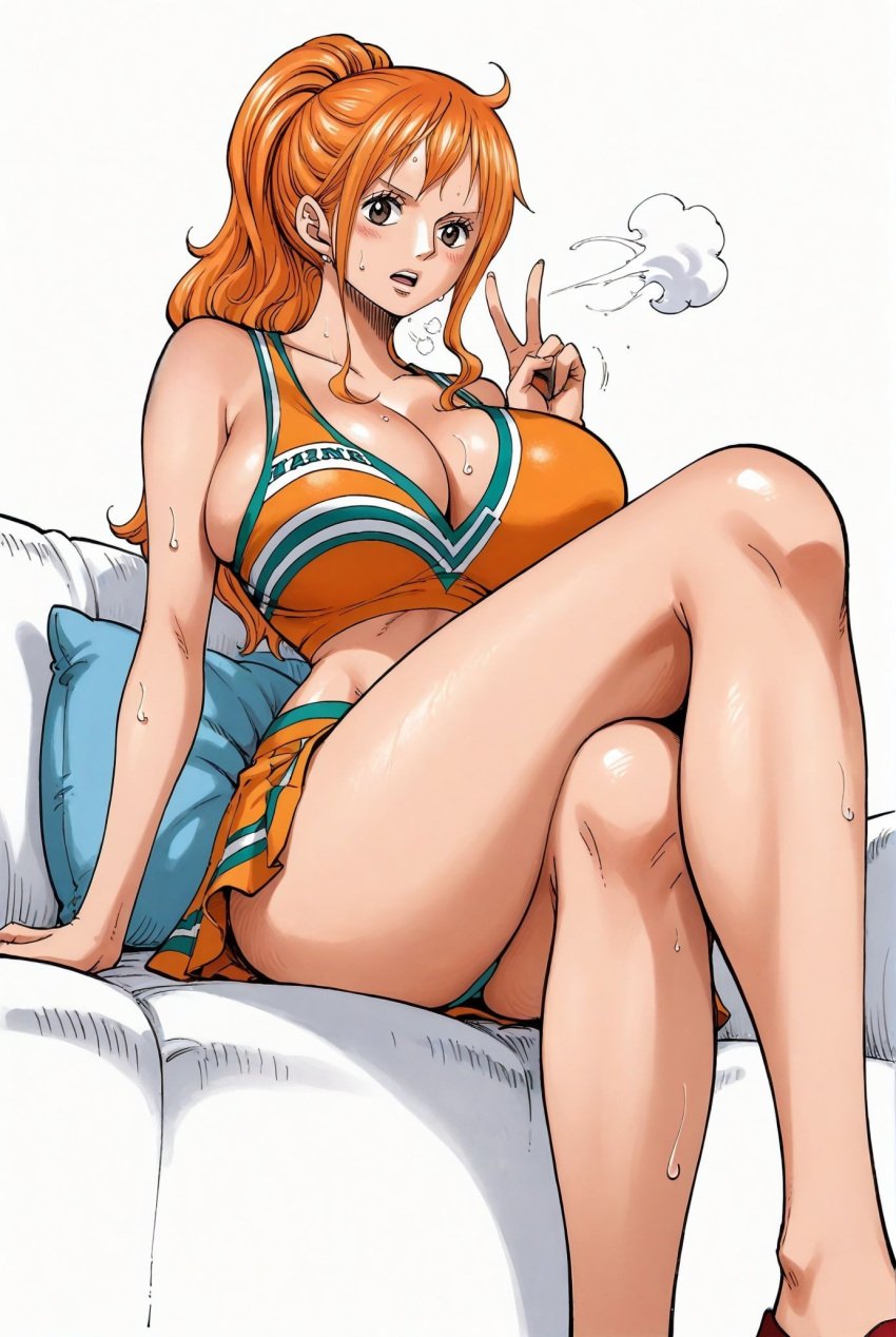 ai_generated alluring big_breasts breasts brown_eyes cheerleader cheerleader_costume cheerleader_outfit cheerleader_uniform crossed_legs female female_only long_hair nami nami_(one_piece) one_piece orange_hair peace_sign pom_poms ponytail seducing seduction seductive seductive_body seductive_eyes seductive_gaze seductive_look seductive_mouth seductive_pose shiny_hair shiny_skin sitting sitting_down sitting_on_couch steam steamy_breath sweat sweatdrop sweating sweaty sweaty_body tattoo tattoo_on_arm tattooed_arm thick_thighs voluptuous voluptuous_female yashin