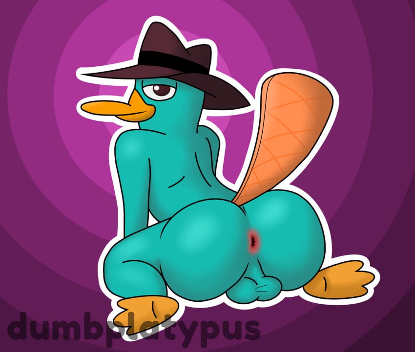 anthro ass backsack balls big_butt brown_eyes digital_drawing_(artwork) digital_media_(artwork) disney dumbplatypus fur genitals hi_res huge_butt looking_at_viewer looking_back male male_only mammal monotreme perry_the_platypus phineas_and_ferb platypus rear_view shaded solo tail teal_body teal_fur