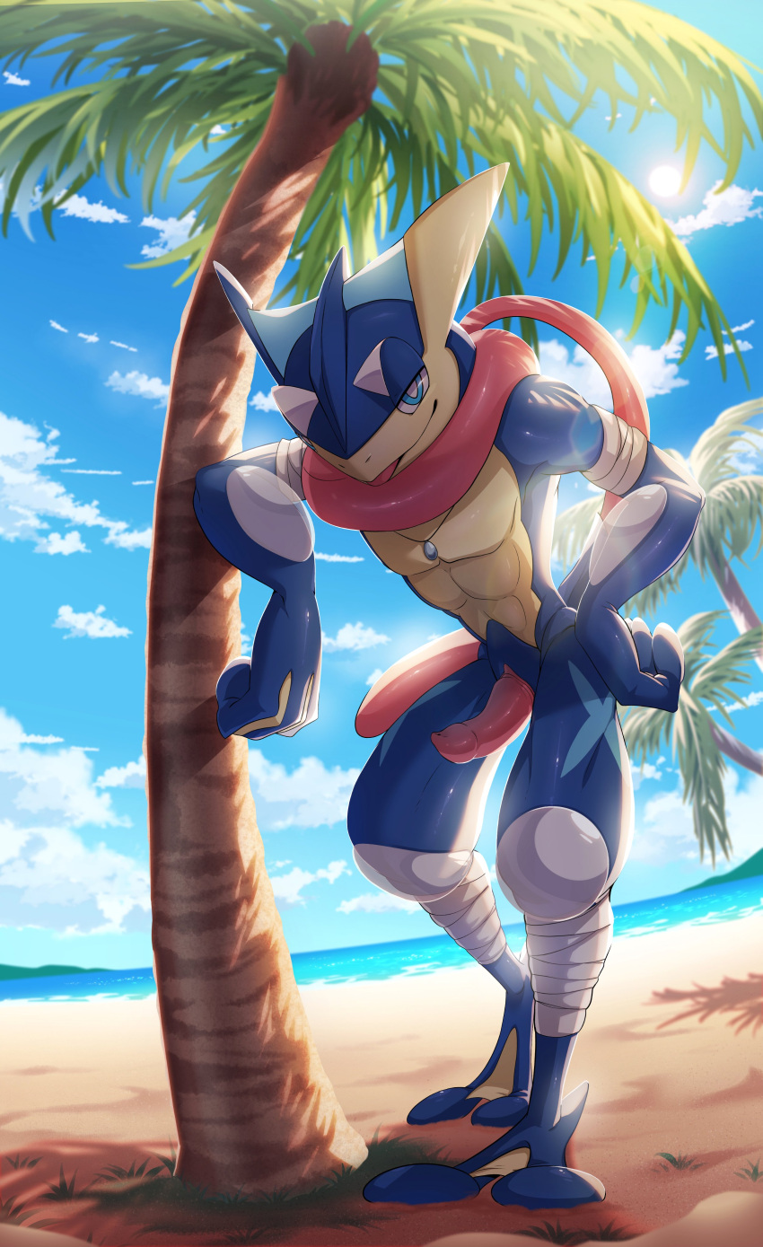 abs absurd_res amphibian animal_genitalia anthro arm_wraps athletic athletic_male beach blue_body blue_eyes day donutella erection feet fin generation_6_pokemon genital_slit genitals greninja head_fin hi_res leg_wraps light looking_at_viewer male membrane_(anatomy) nintendo outside palm_tree plant pokemon pokemon_(species) pseudo_clothing pseudo_scarf sea seaside sky solo sun sunlight toes tongue_scarf tree water webbed_feet webbed_hands wraps