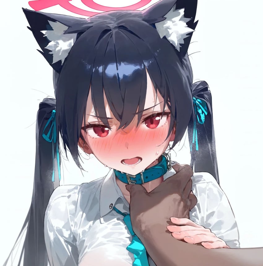 ai_generated angry black_hair blue_archive blush collarbone dark-skinned_male dark_skin embarrassed hair_ribbon huge_breasts imminent_sex interracial large_breasts light-skinned_female light_skin looking_at_viewer red_eyes school_uniform schoolgirl serika_(blue_archive) twintails uncle_illustration