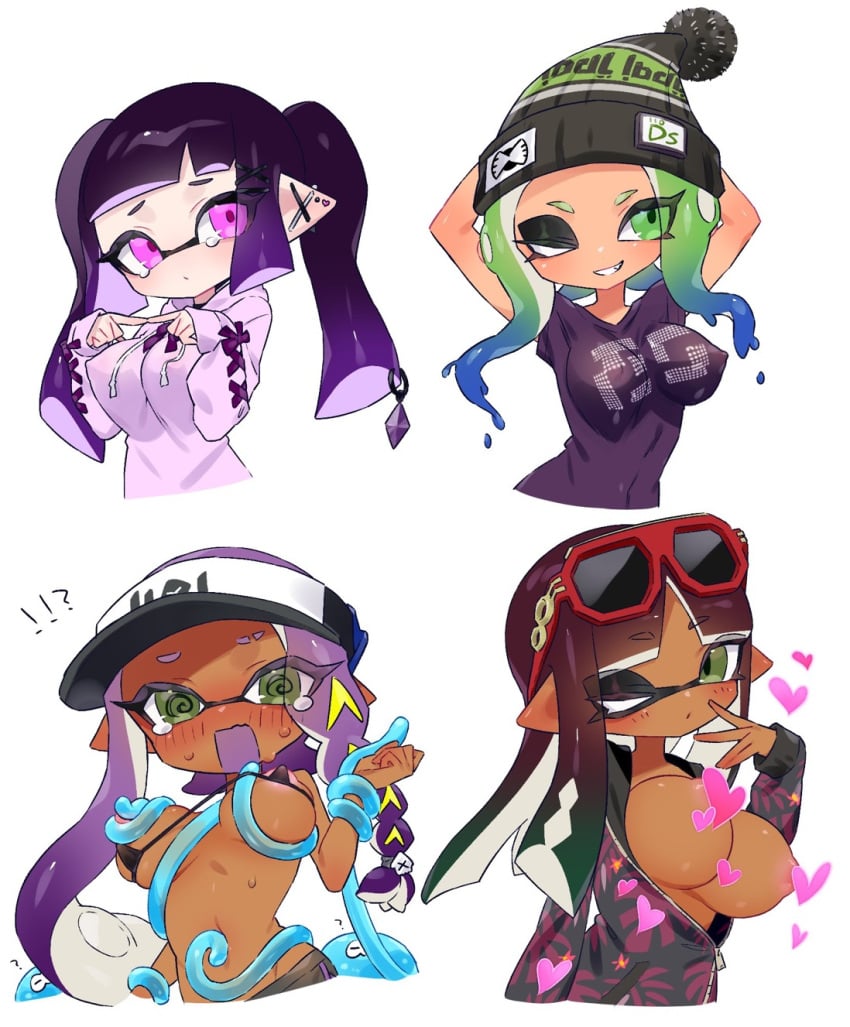 4girls arms_behind_head bangs black_bra blunt_bangs blush bow bra breast_grab breasts breasts_out censored_nipples cleavage covered_nipples dokudami-sama_(vaz_999) female_only grabbing grabbing_another's_breast grabbing_breasts green_eyes green_hair inkling inkling_girl jacket jellyfish_(splatoon) long_hair multiple_girls navel octoling octoling_girl one_eye_closed open_mouth pink_eyes purple_hair splatoon splatoon_(series) sunglasses sunglasses_on_head tentacle tentacle_hair tentacle_rape unzipped unzipped_jumpsuit vaz_999 white_background wink