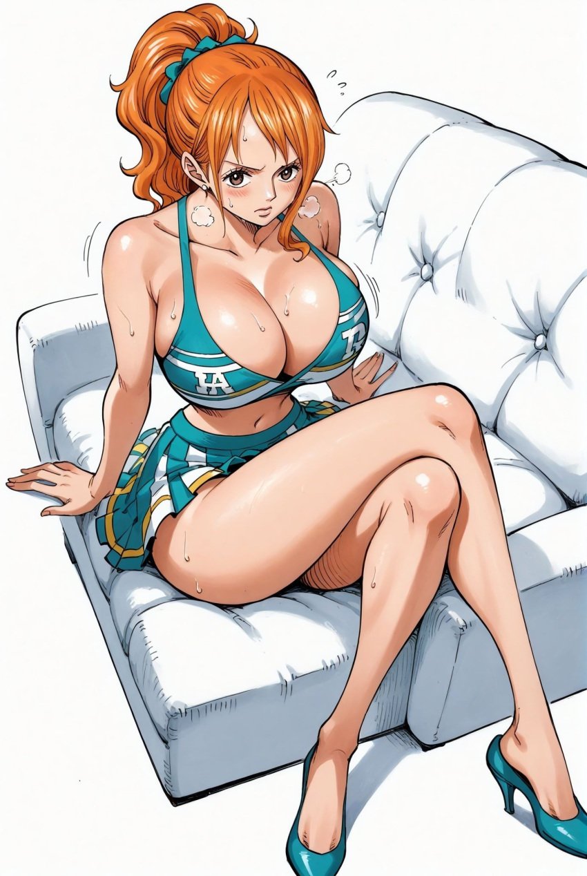 ai_generated alluring big_breasts breasts brown_eyes cheerleader cheerleader_costume cheerleader_outfit cheerleader_uniform crossed_legs female female_only long_hair nami nami_(one_piece) one_piece orange_hair pom_poms ponytail seducing seduction seductive seductive_body seductive_eyes seductive_gaze seductive_look seductive_mouth seductive_pose shiny_hair shiny_skin sitting sitting_down sitting_on_couch steam steamy_breath sweat sweatdrop sweating sweaty sweaty_body tattoo tattoo_on_arm tattooed_arm thick_thighs voluptuous voluptuous_female yashin