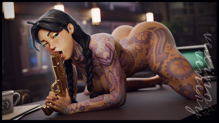 1girls 2024 3d 3d_(artwork) all_fours arched_back areolae ass_up athletic athletic_female big_ass big_breasts black_hair blender bottomless braided_hair braided_twintails breasts completely_nude completely_nude_female desk epic_games female female_focus female_only fortnite fortnite:_battle_royale freckles freckles_on_face green_eyes hand_on_breast hi_res highres holding_gun holding_weapon jules_(fortnite) light-skinned_female light_skin looking_at_viewer medium_breasts nipples nose_piercing nude nude_female office office_desk on_all_fours on_desk on_table pants pinup ponytail ponytails pose posing presenting presenting_ass presenting_breasts seductive seductive_eyes seductive_look smile smiling solo solo_focus table tattoo thick_ass thick_thighs tongue tongue_out topless underboob vexingvenery watermark