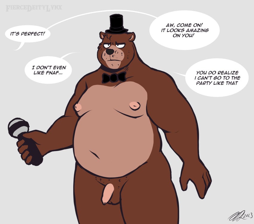 2023 absurd_res annoyed anthro balls bear bow_tie clothing cosplay dialogue electronics fiercedeitylynx five_nights_at_freddy's flaccid foreskin freddy_(fnaf) front_view genitals hair hat headgear headwear hi_res holding_microphone holding_object male mammal marlon_(fiercedeitylynx) microphone moobs mostly_nude narrowed_eyes navel nipples offscreen_character overweight overweight_anthro overweight_male penis scottgames short_hair signature solo speech_bubble standing