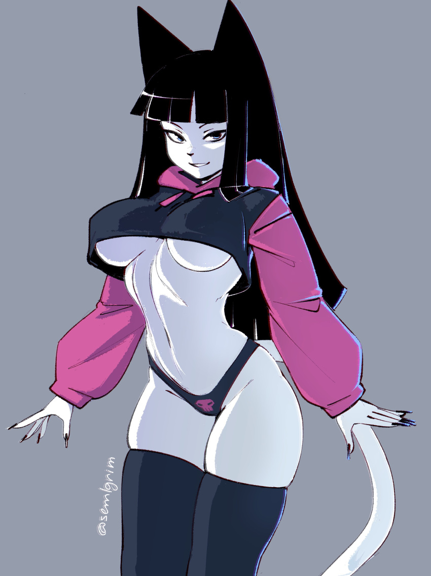 1girls anthro black_hair black_nails black_thighhighs blue_eyes blunt_bangs cat_ears cat_humanoid cat_tail catgirl cropped_hoodie female female_only grey_background kaylie_(sem-l-grim) long_hair looking_at_viewer meme nail_polish paggi_outfit painted_nails panties sem-l-grim smiling smiling_at_viewer solo tail thigh_squish thighhighs underboob very_high_resolution white_body