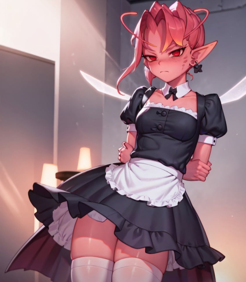 ai_generated arms_behind_back dark_willow dota_2 looking_at_viewer maid_uniform pink_skin solo_female thick_thighs