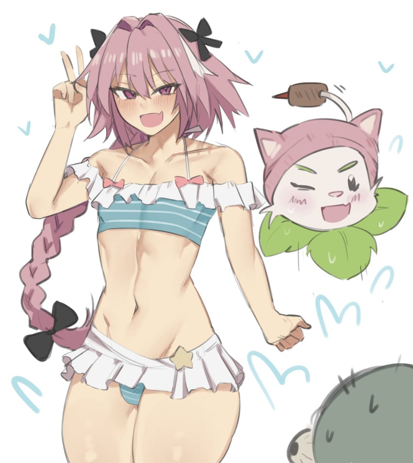 1boy 1femboy 2d 2d_(artwork) astolfo_(fate) blush braid braided_hair cattail_(pvz) crossover cute digital_media_(artwork) fate/apocrypha fate_(series) femboy femboy_focus male miniskirt nabibutter pale_skin pink_hair plants_vs_zombies purple_eyes solo_focus thick_thighs thighs twink zombie zombie_(pvz)