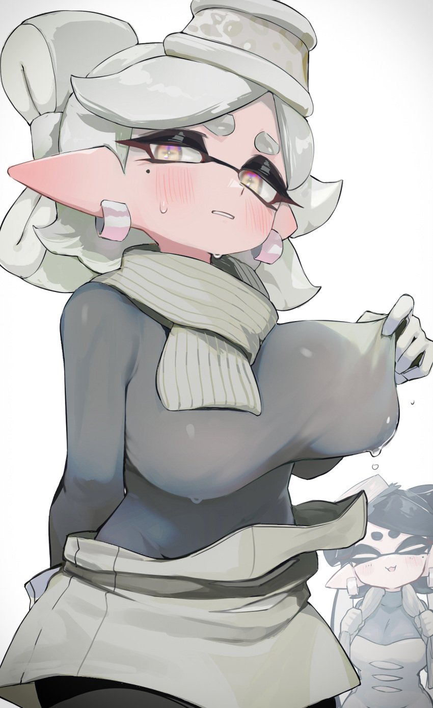 2girls alternate_breast_size big_breasts blush breasts callie_(splatoon) clothed female female_only frostyfest_outfit hi_res hizake horny inkling kashu_(hizake) light-skinned_female light_skin marie_(frostyfest) marie_(splatoon) nintendo no_bra outdoors pointy_ears short_hair splatfest splatoon splatoon_(series) splatoon_3 tentacle_hair wet wet_clothes white_hair