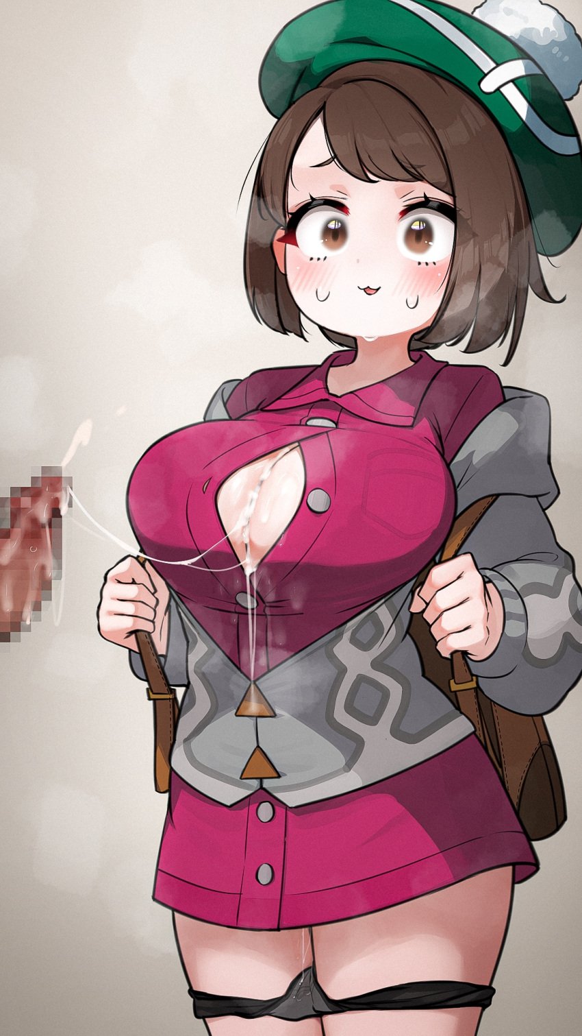 1girls :3 :3d after_paizuri alternate_breast_size black_panties blush breasts brown_eyes brown_hair cum cum_between_breasts cum_on_body cum_on_breasts cum_wearing female game_freak gloria_(pokemon) hi_res high_resolution highres hizake horny huge_breasts human human_only kashu_(hizake) light-skinned_female light_skin nintendo panties panties_around_leg panties_down pants_down panty_pull pokemon pokemon_ss short_hair standing tagme thick_thighs thighs