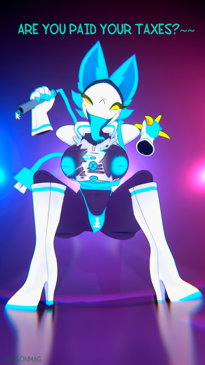 3d absurd_res anthro breasts darkner deltarune ears_up female hi_res humanoid machine mammal pers0nmag robot smile solo tail tasque_manager_(deltarune) undertale_(series) weapon yellow_eyes