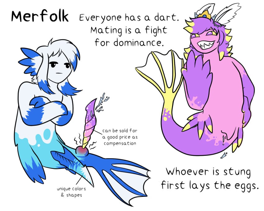 ambiguous_gender annotated annoyed anthro crown diagram duo english_text fin fish_tail grin headgear hi_res highlights_(coloring) lore love_dart marine merfolk mermaid_princess multicolored_body sandentwins schematic seashell shell slightly_damned smile split_form stinger_(anatomy) text worldbuilding