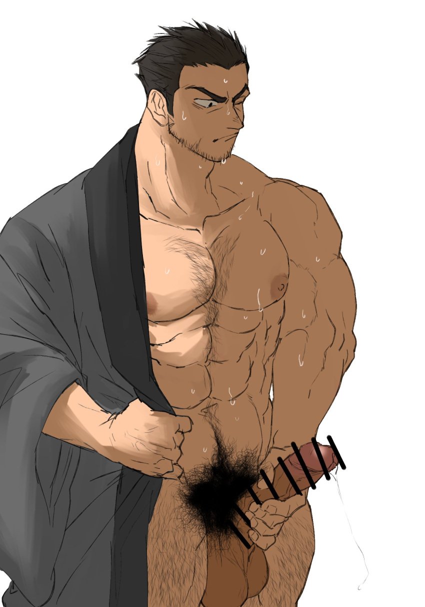 1boy abs bar_censor bara bare_pectorals beard_stubble censored cowboy_shot cum ejaculation erection excessive_pubic_hair facial_hair fugur6_fugur9 hairy highres japanese_clothes kimono large_pectorals large_testicles male_focus male_masturbation male_pubic_hair masturbation mature_male medium_sideburns muscular muscular_male naked_kimono navel navel_hair nipples original pectorals penis precum precum_drip pubic_hair sanpaku short_hair sideburns_stubble solo sparse_chest_hair standing stomach stubble sweat testicles thick_eyebrows thick_leg_hair thick_navel_hair tsurime very_sweaty