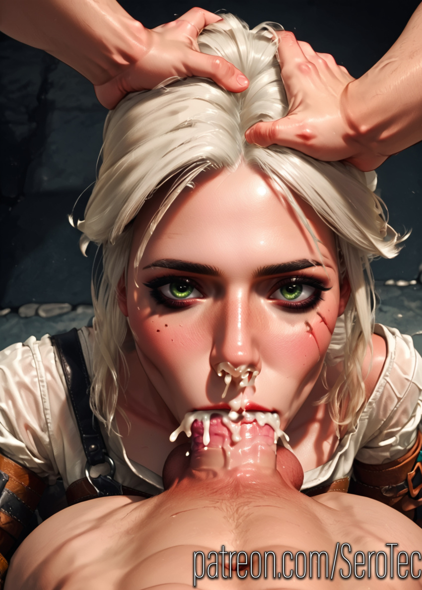 1boy 1female 1girls 2d ai_generated blowjob cd_projekt_red ciri cum_from_nose cum_in_mouth cum_in_throat cumming deepthroat detailed_female eyescar female girl hands_on_head head_grab hi_res high_resolution highres no_gag_reflex oral petite pony_diffusion_xltasy pov pulling_out scar_across_eye scar_on_face serotec silver_hair skinny sliding sliding_down_throat slim the_witcher_(series) the_witcher_3:_wild_hunt throat_fuck white_hair