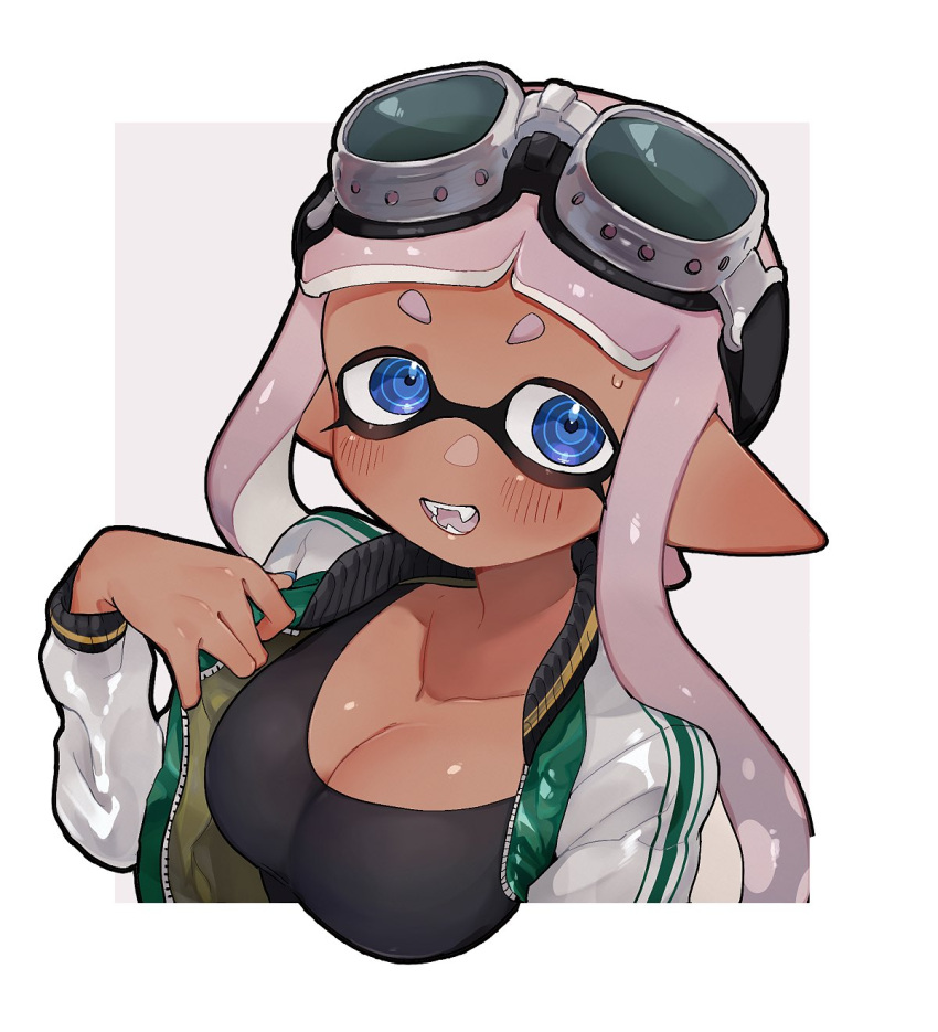 1girls blue_eyes breasts cleavage clothing doro_mizu_831 goggles goggles_on_head inkling inkling_girl inkling_player_character long_hair looking_at_viewer open_mouth pilot_goggles solo solo_female solo_focus splatoon splatoon_(series) unzipped unzipped_jacket