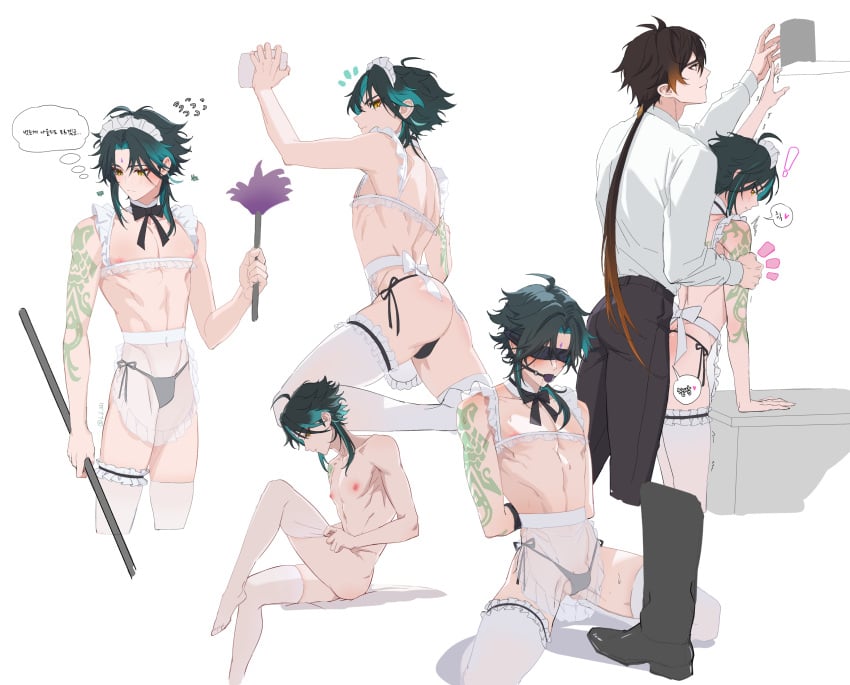 2boys absurdres aqua_hair arm_tattoo ass back black_hair black_male_underwear bondage brown_hair facial_mark forehead_mark genshin_impact hair_between_eyes highres lj3 lji_321 long_hair male male_focus male_underwear multicolored_hair multiple_boys navel nipples nude otoko_no_ko sex sex_from_behind shirt stomach tattoo thighhighs underwear white_shirt white_thighhighs xiao_(genshin_impact) yaoi yellow_eyes zhongli_(genshin_impact)