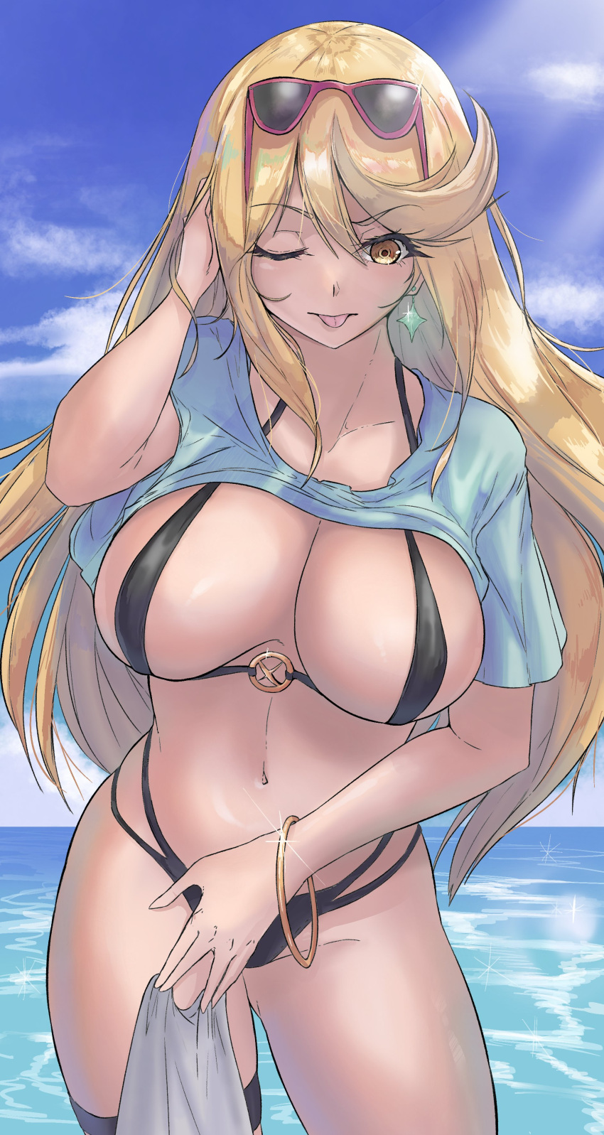 1girls absurd_res big_breasts bikini black_bikini blue_sky bracelet calmgreentori cleavage cloud commentary cowboy_shot earrings english_commentary eyewear_on_head groin hand_in_own_hair high_res jewelry looking_at_viewer mythra navel nintendo one_eye_closed outside sky star_(symbol) star_earrings sunglasses swimsuit thigh_strap tongue tongue_out upper_body xenoblade_(series) xenoblade_chronicles_2