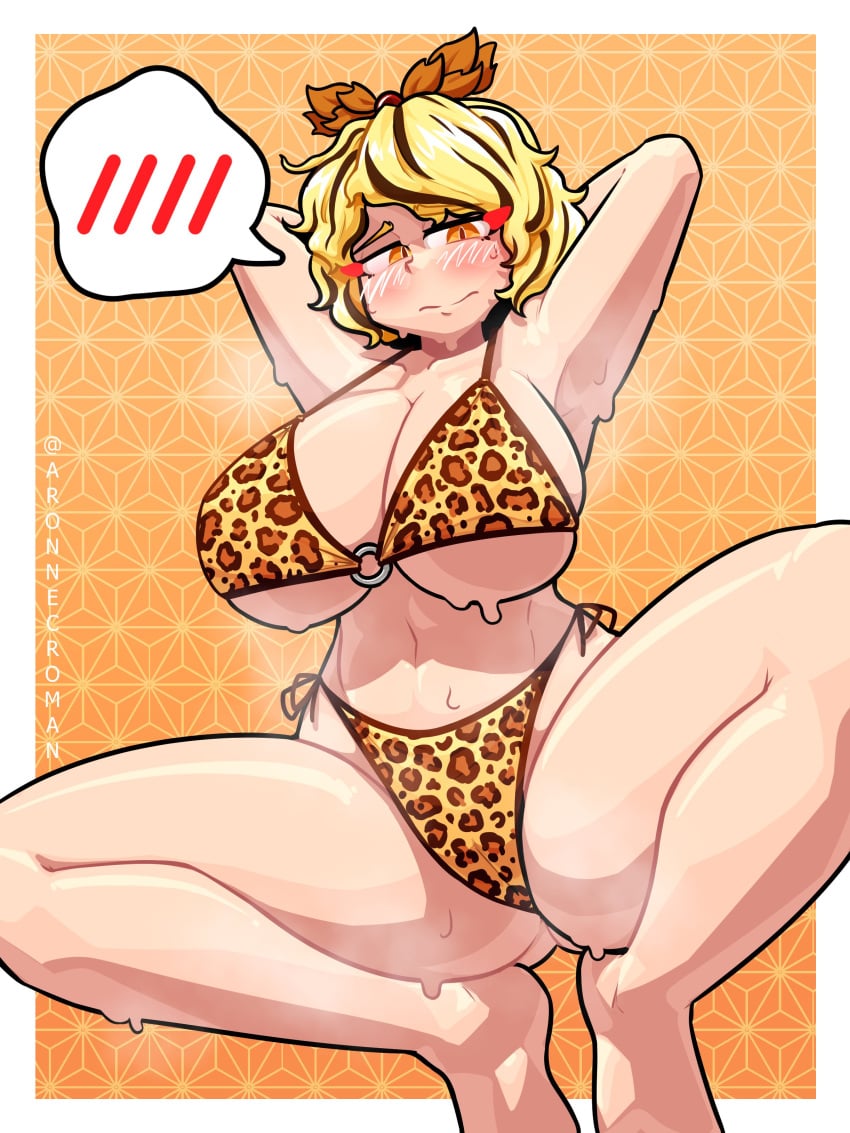 1girls arms_behind_back aronnecroman belly_button big_breasts bikini blonde_hair blush breasts breasts_bigger_than_head color curvy curvy_figure female_only huge_breasts shame solo_female sweat sweating thick_thighs thighs tiger_girl toramaru_shou toramaru_shou touhou yokai youkai