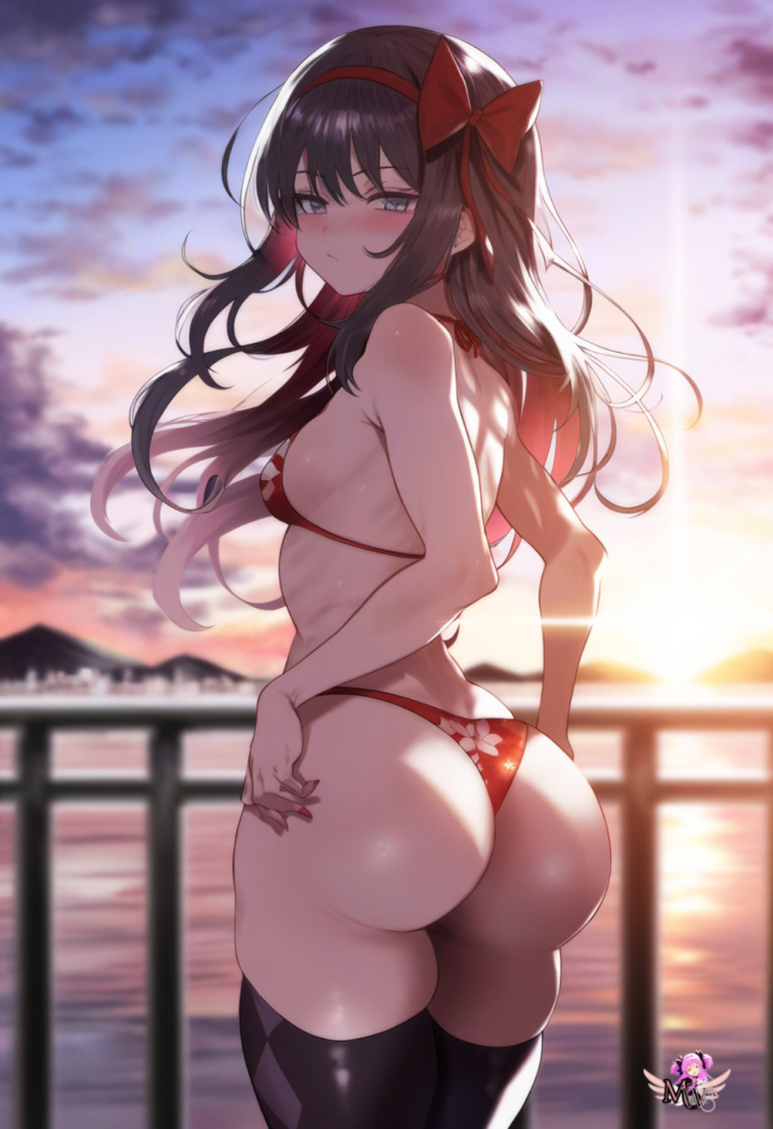 ai_generated akemi_homura akuma_homura artist_logo ass ass_focus back_view beach big_ass bikini black_hair bubble_ass bubble_butt butt_focus hair_ribbon highres long_hair madoka_worship magical_girl mahou_shoujo_madoka_magica puella_magi_madoka_magica purple_eyes red_ribbon ribbon round_ass round_butt straight_hair sunset thick_thighs thighhighs thong