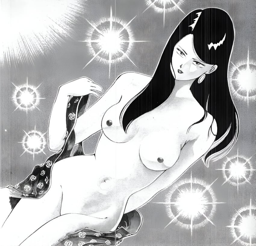 ass_visible_through_thighs bare_arms bare_belly bare_legs bare_shoulders bare_thighs belly_button black_and_white black_hair breasts chinese_female completely_nude earrings junk_boy lipstick long_hair manga medium_breasts nipples nude official_art open_mouth thighs undressing yasuyuki_kunitomo