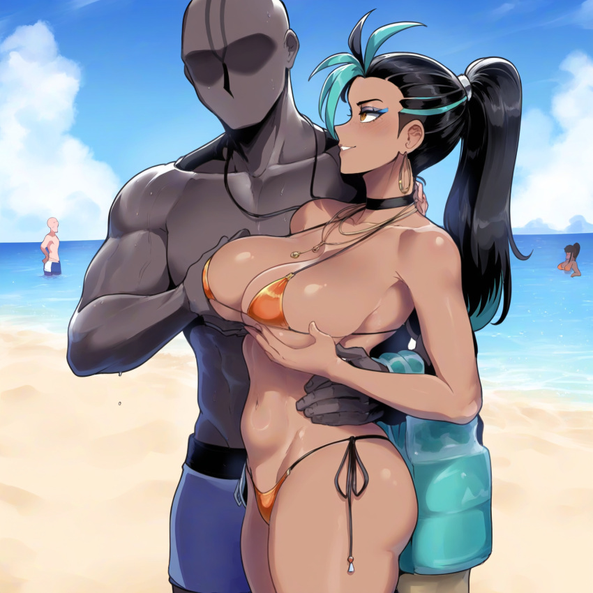 1boy 1girls abs ai_generated bare_arms bare_legs bare_shoulders bare_thighs beach big_breasts bikini bikini_bottom bikini_top black_hair blush brown_eyes color dark-skinned_male dark_skin female game_freak grabbing_breasts hand_on_breast hi_res interracial large_breasts light-skinned_female light_skin long_hair male male/female meepking muscles muscular muscular_male nemona_(pokemon) nintendo pokemon pokemon_champion pokemon_sv pokemon_trainer sand sea tagme thick_thighs water