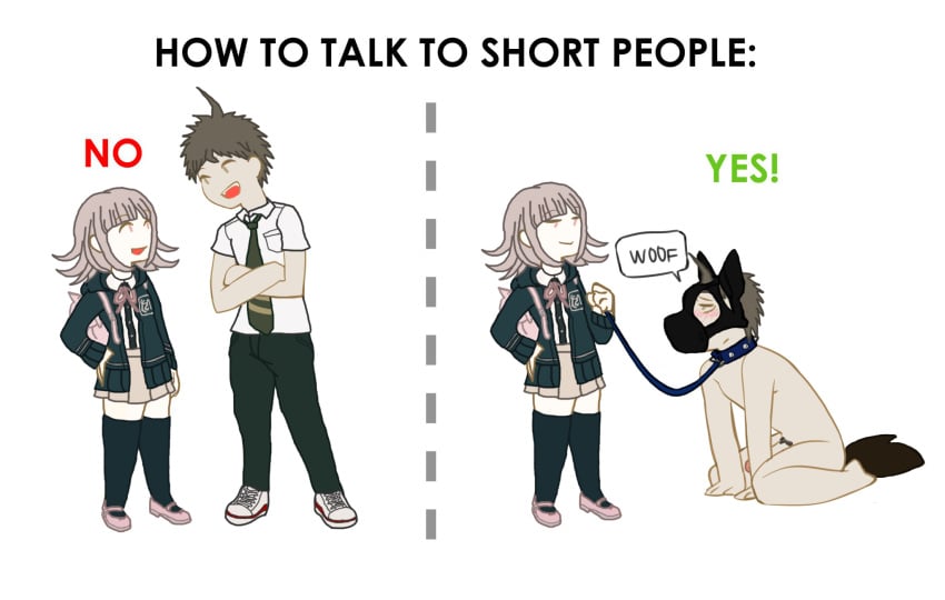 blush blush_lines blushing_at_partner blushing_male cfnm clothed_female_nude_male cock collar danganronpa danganronpa_2:_goodbye_despair dog_mask dominant_female erect_penis erection femdom hands_on_floor hinata_hajime holding_leash how_to_talk_to_short_people kneeling leash male malesub meme muzzle_(object) muzzled nanami_chiaki no_cum penis petplay pubic_hair puppyplay small_dom_big_sub smirk smirking_at_partner spiked_collar submissive_male tail_plug traced