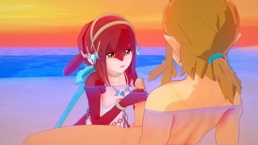 1boy 1girls beach big_penis breath_of_the_wild dark_blonde_hair duo gripping_penis handjob humanoid hylian hylian_ears in_water koikatsu link link_(breath_of_the_wild) long_penis looking_at_penis loving_gaze mipha mrqwerty nintendo ornaments outdoors penis pointy_ears small_breasts smile smiling_at_partner the_legend_of_zelda water yellow_eyes zora