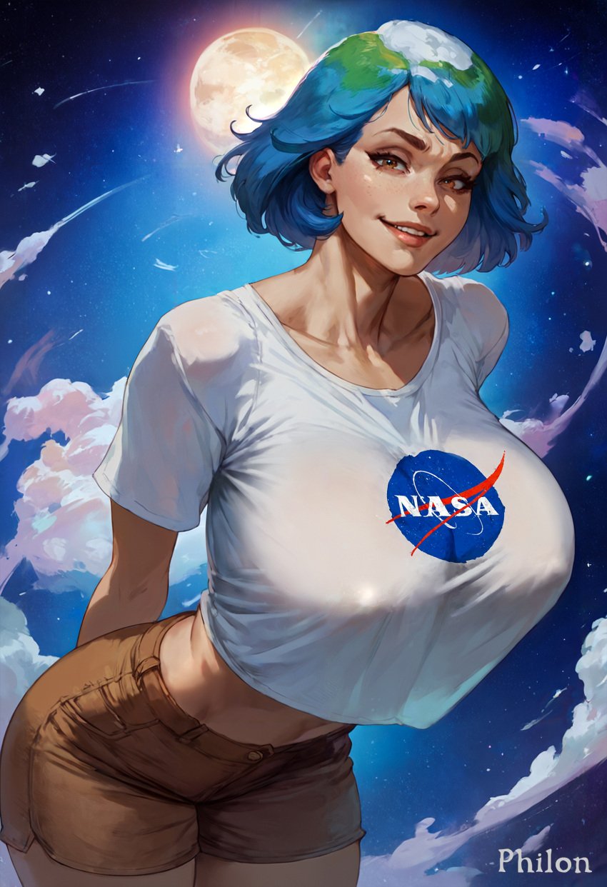 1girls ai_generated arms_behind_back bangs blue_hair breasts brown_eyes brown_shorts cloud collarbone covered_nipples cowboy_shot crop_top earth-chan freckles full_moon green_hair huge_breasts lips looking_at_viewer midriff moon multicolored_hair nasa navel night night_sky open_mouth philon planet see-through shirt short_hair short_shorts shorts sky smile solo stable_diffusion star_(sky) starry_sky t-shirt thighs tongue two-tone_hair white_shirt