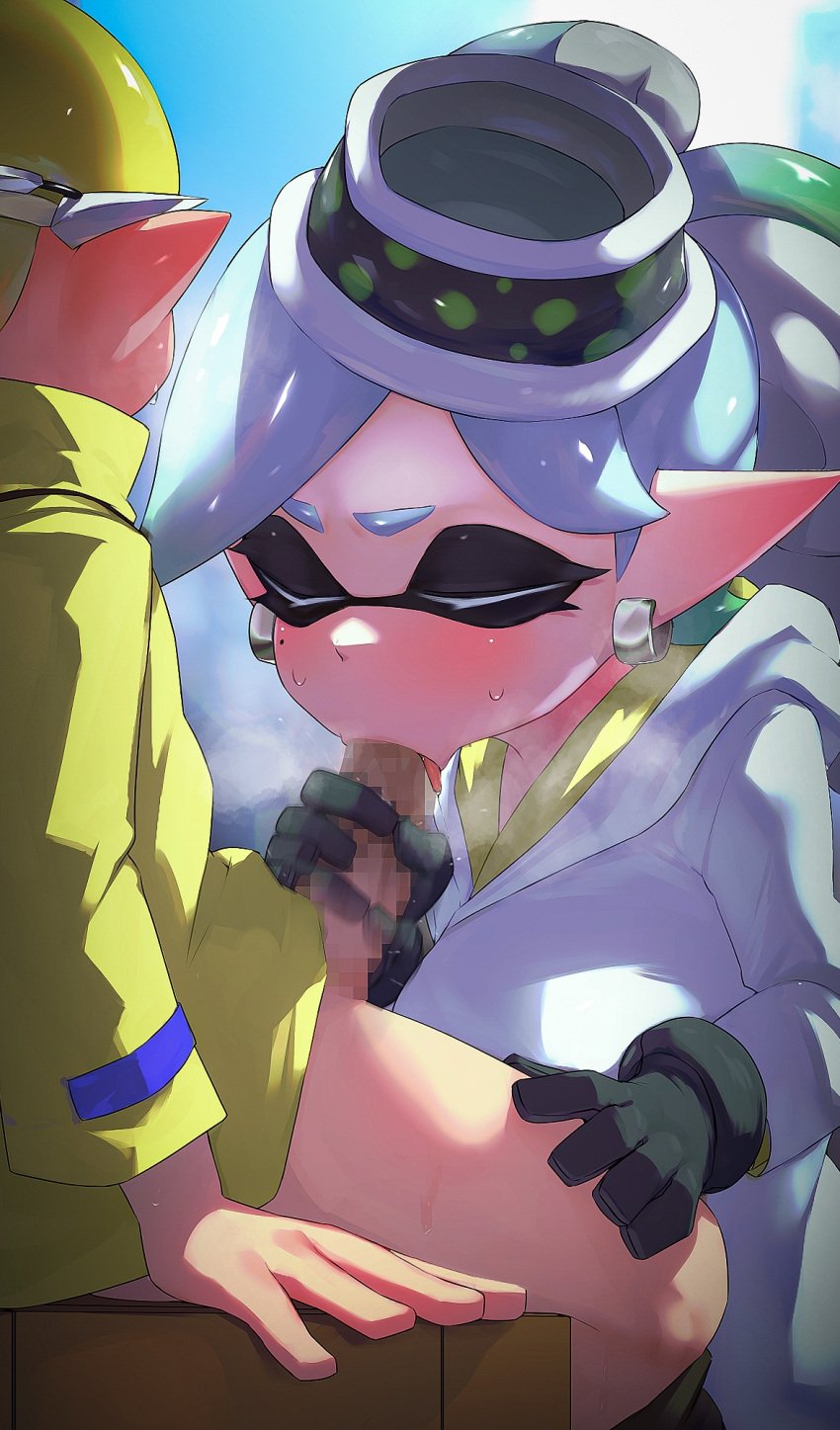 1boy 1girls agent_3_(splatoon_3) beauty_mark black_gloves blowjob bottomless_male censored censored_penis closed_eyes clothed clothed_female facial_markings fellatio female gloved_handjob gloves hair_ornament handjob hi_res hizake inkling inkling_boy inkling_girl kashu_(hizake) large_penis light-skinned_female light_skin male marie_(alterna) marie_(splatoon) mole_under_eye mosaic_censoring new_agent_3_(splatoon) nintendo penis pointy_ears splatoon splatoon_(series) splatoon_3 splatoon_3:_return_of_the_mammalians tentacle_hair tied_hair white_hair yellow_eyes yellow_hair