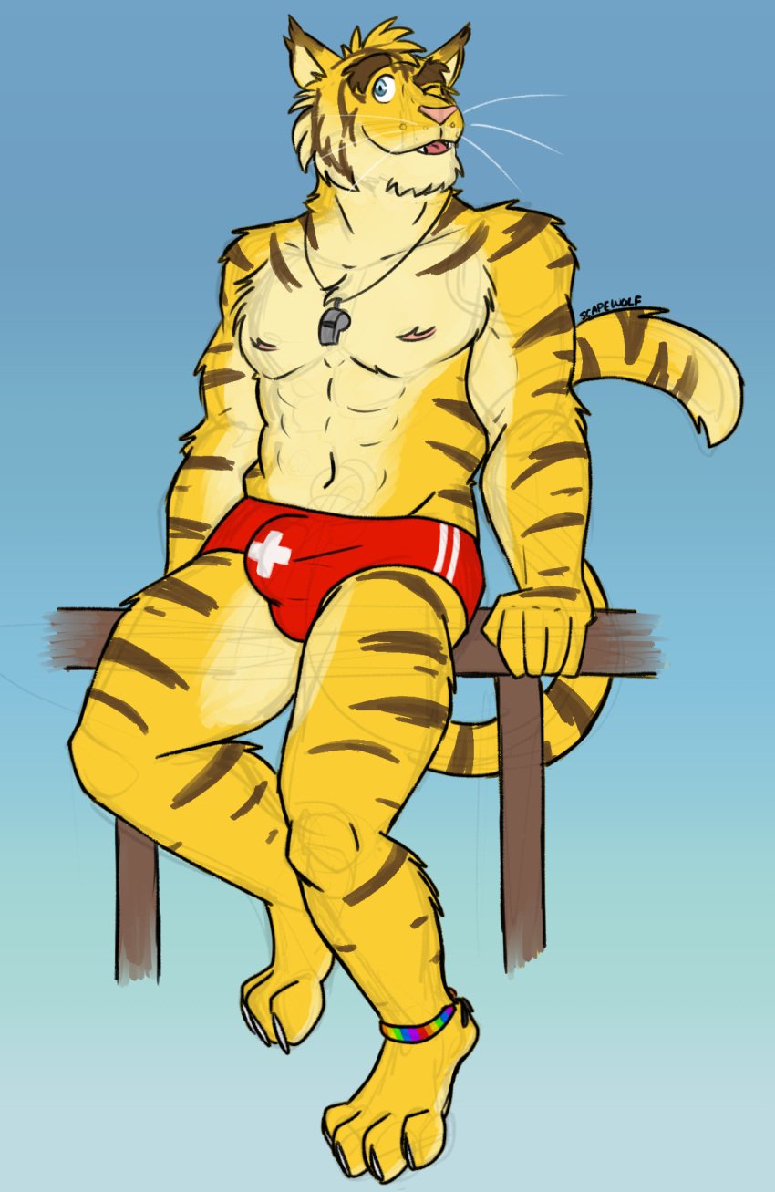 2023 4_toes 5_fingers abs anthro artist_name blue_background blue_eyes brown_stripes bulge claws clothed clothing countershade_arms countershade_face countershade_legs countershade_torso countershading eyebrows feet felid fence fingers fur hi_res male male_only mammal morenatsu multicolored_body multicolored_fur muscular muscular_anthro muscular_male navel nipples pantherine pecs pink_nipples pink_nose red_clothing red_speedo red_swimwear simple_background sitting solo speedo speedo_only stripes swimwear swimwear_only tail tan_body tan_countershading tan_fur thick_eyebrows tiger toe_claws toes topless torahiko_(morenatsu) unsafescapewolf whiskers whistle_(object) white_whiskers yellow_body yellow_fur