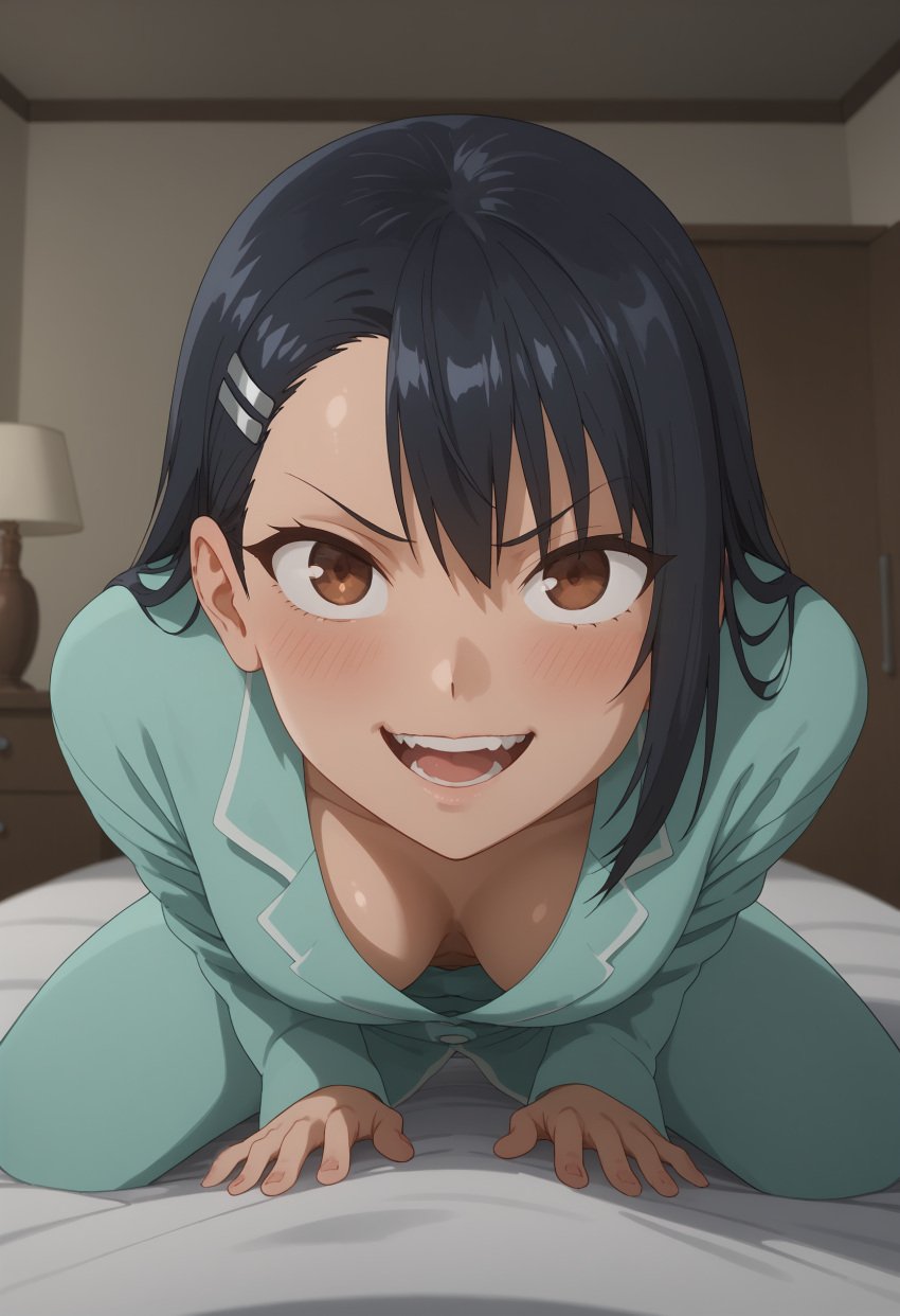 2d ai_generated bed bed_sheet bedroom black_hair breasts brown_eyes cleavage collarbone hair_pin hayase_nagatoro linkzin long_hair oppai pajamas pijama please_don&#039;t_bully_me,_nagatoro pov seductive seductive_look shiroppo side_boob