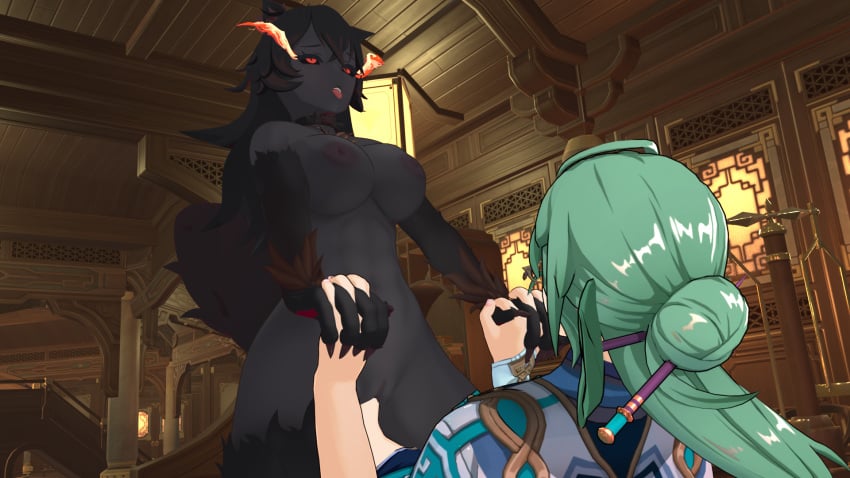 3d baizhu_(genshin_impact) black_fur black_hair blender breasts cowgirl_position crossover cum_in_pussy eyes_rolling_back female genshin_impact green_hair gypsybard_(artist) handholding hellhound hellhound_(monster_girl_encyclopedia) male male/female monster_girl_encyclopedia penetration penis_in_pussy red_eyes sex tail tongue_out