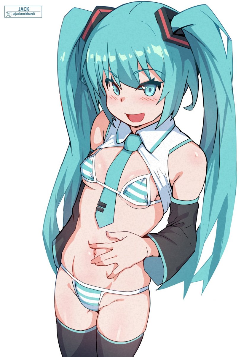 1girls aqua_eyes aqua_hair arm_sleeves bikini blush collar_shirt covered_nipples crop_top female female_only flat_chest hatsune_miku hatsune_miku_(collared_bikini) hi_res jackrockhardt long_hair long_twintails looking_at_viewer necktie open_mouth small_breasts smiling smiling_at_viewer solo striped_bikini striped_underwear thighhighs tie twintails vocaloid white_background young