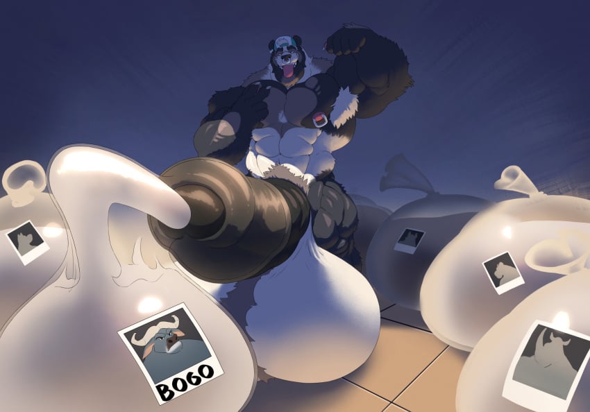 bodybuilder chief_bogo condom cum cumming excessive_cum furry hyper hyper_balls hyper_cock hyper_genitalia hyper_penis hyper_testicles louftr male male_only muscles muscular muscular_arms muscular_male muscular_thighs vore