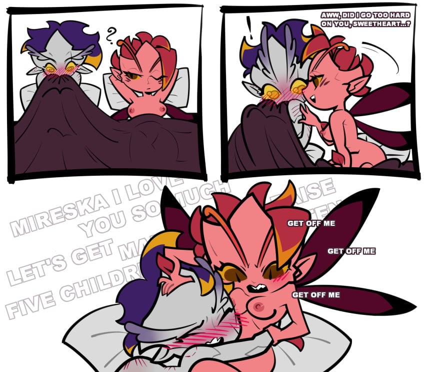 bed bedroom comic dark_willow dota_2 duo pink_skin post_sex purple_skin small_breasts