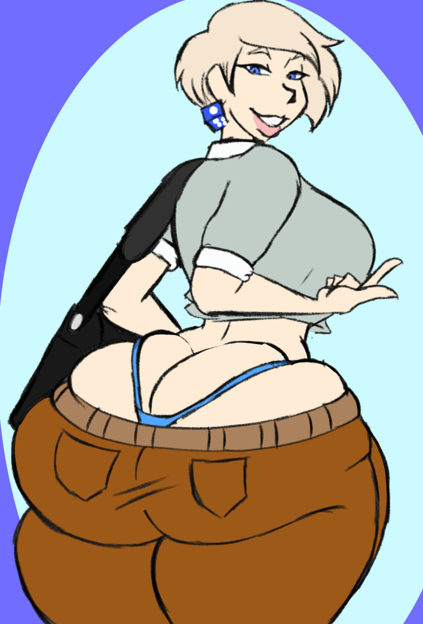 ass blonde_hair blue_eyes blue_thong brown_jeans bubble_ass bubble_butt dice_earrings earrings emelda_braskov female female female_only looking_at_viewer looking_back_at_viewer redacted_deadline shirt smiling_at_viewer thong_underwear