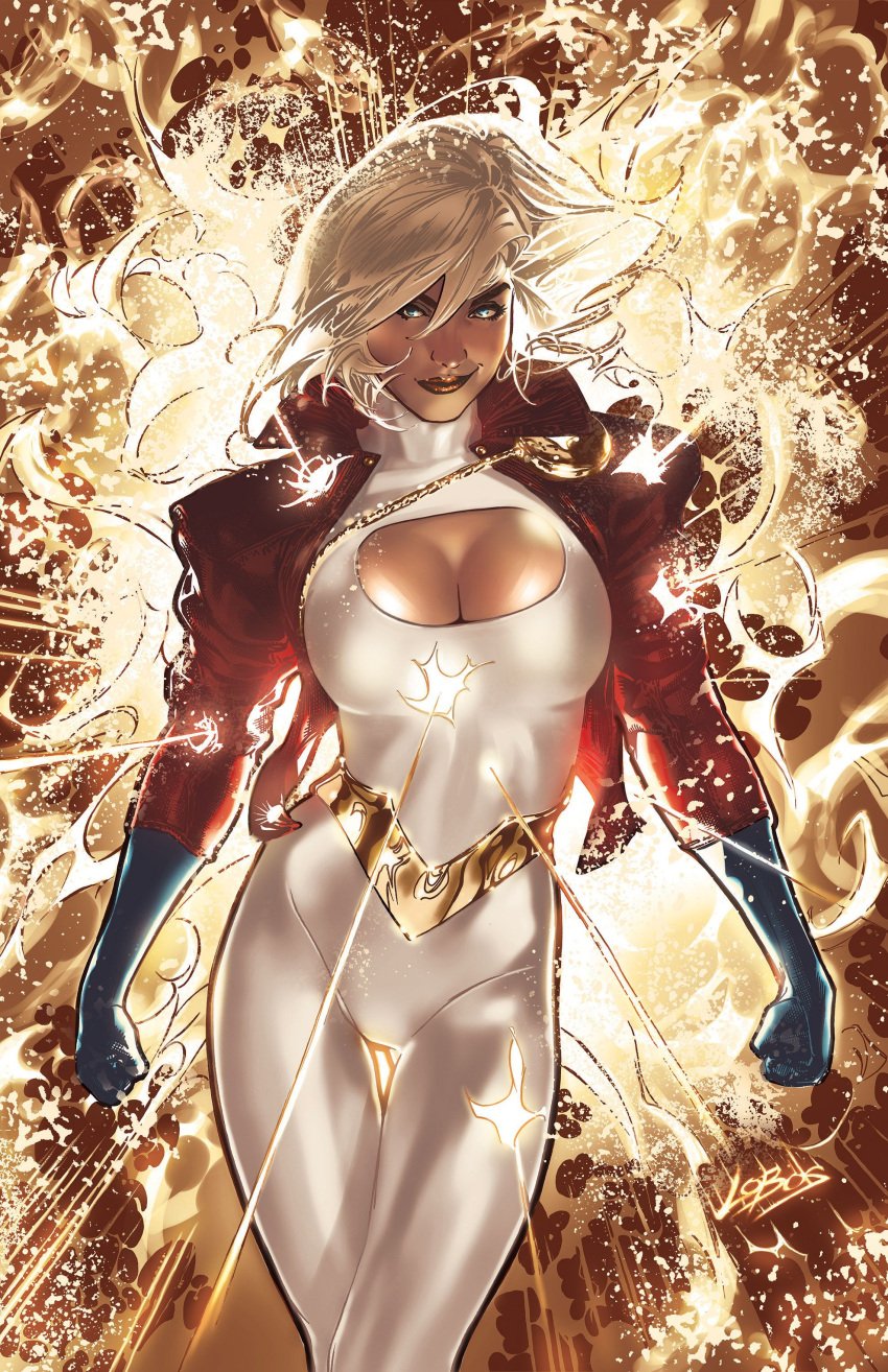 1girls belt big_breasts blonde_hair chains clothing dc dc_comics female fists_clenched flames gloves hi_res highres jacket jacket_open kara_zor-el karen_starr lipstick looking_at_viewer pale_skin power_girl red_jacket smirk smirking steampunk superman_(series) tagme thick_thighs thighs white_suit