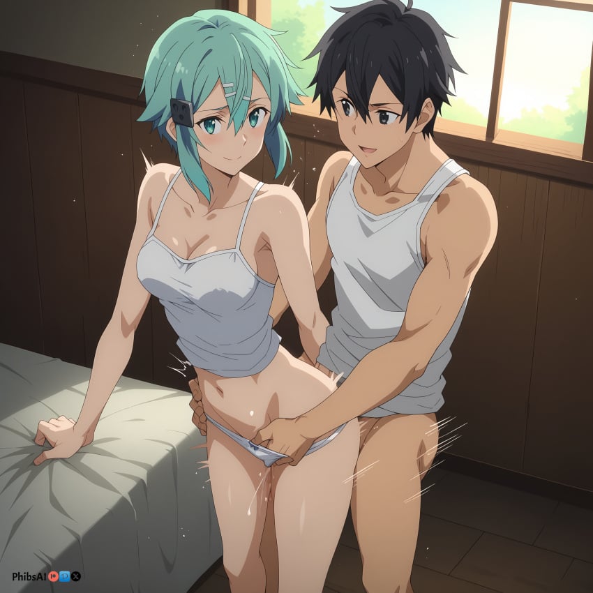 1boy ai_generated aqua_eyes aqua_hair asada_shino black_eyes black_hair blue_eyes cleavage collarbone female fingering fingering_partner grey_shirt hair_between_eyes hair_ornament hairclip indoors kirigaya_kazuto kirito medium_breasts navel open_mouth panties phibsai pussy_juice sex shiny shiny_hair shiny_skin shirt short_hair sinon sleeveless smile stable_diffusion standing straight sword_art_online underwear white_shirt window