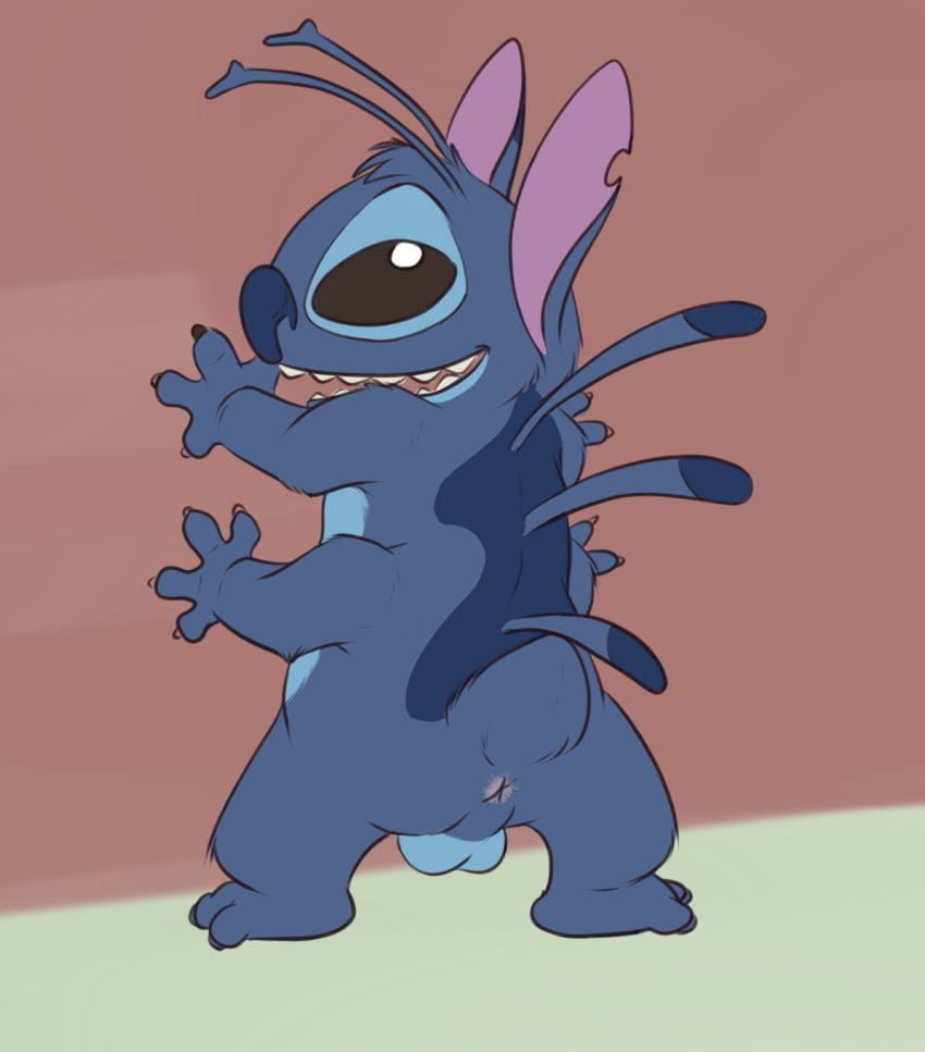 against_wall alien antennae anus ass backsack balls disney experiment_(species) flat_colors hi_res lilo_and_stitch looking_at_viewer looking_back male male_only multi_arm multi_limb open_mouth perineum presenting rear_view skunkjunkie solo standing stitch teeth