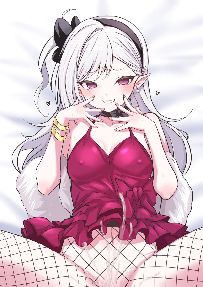 absurdres black_flower black_hairband blue_archive bottomless bow bow_choker choker clothed_after_sex cum cum_on_body dress earrings fishnets flower fur_shawl hair_flower hair_ornament hairband highres implied_after_sex jewelry kokechan mesugaki missing_halo mutsuki_(blue_archive) mutsuki_(dress)_(blue_archive) official_alternate_costume on_bed pearl_earrings pointy_ears purple_eyes red_dress shawl side_ponytail sleeveless sleeveless_dress sweatdrop white_hair