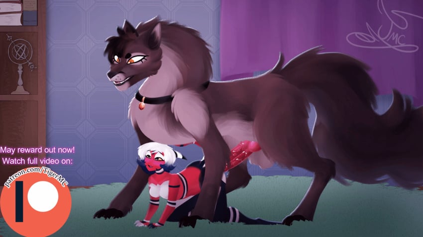 amber_(mswolphie) animated bedroom bedroom_sex bulge canid canine canis furry genitals heart_eyes heart_symbol hi_res hybrid imp knot knotted_penis mammal mythological_canine mythological_creature mythology on_ground on_the_floor painting_art patreon patreon_logo patreon_preview penis sex size_difference teaser tiger_(tigermcheh) tigermcheh werecanid werecanine werecreature werewolf wolf