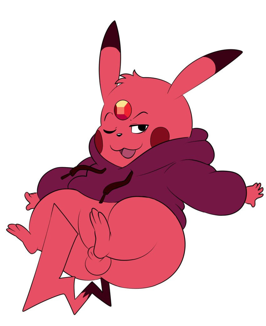 1boy alien animal_genitalia balls barefoot bottomless cartoon_network clothed clothing eroborus flat_colors fully_sheathed gem_(species) hoodie looking_at_viewer male male_only mammal nintendo one_eye_closed open_mouth pikachu pokemon reclining rodent ruby_(gem_species) semi-anthro sheath solo steven_universe thick_thighs video_games white_background wink