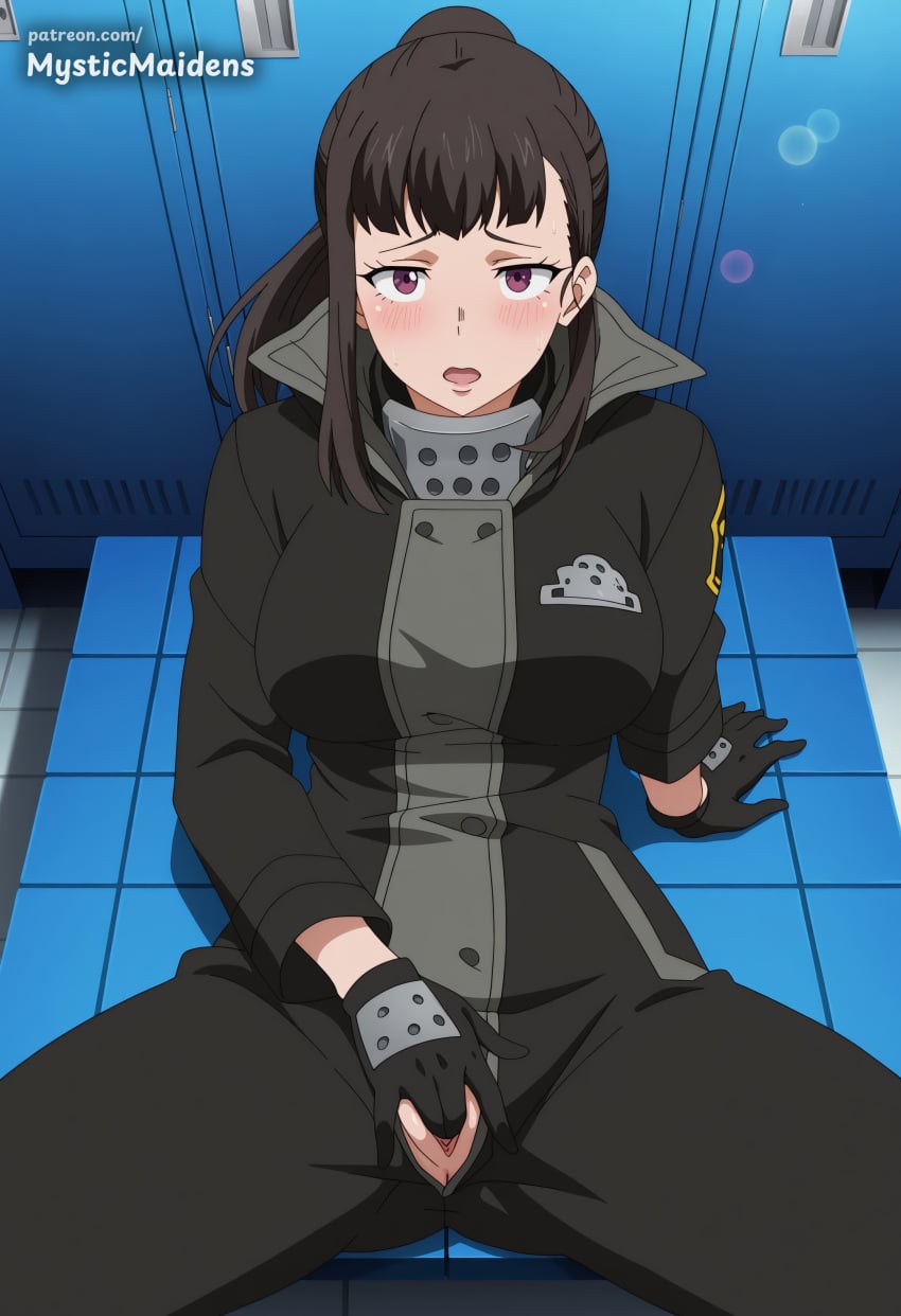 1girl ai_generated anime anime_style arm_support black_gloves black_hair blush bodysuit breasts brown_hair en'en_no_shouboutai enen_no_shouboutai female_masturbation fingering fire_force gloves hentai hi_res indoors large_breasts locker locker_room long_hair looking_at_viewer maki_oze masturbation mystic_maidens on_floor open_mouth oze_maki patreon ponytail purple_eyes pussy sitting solo spread_legs