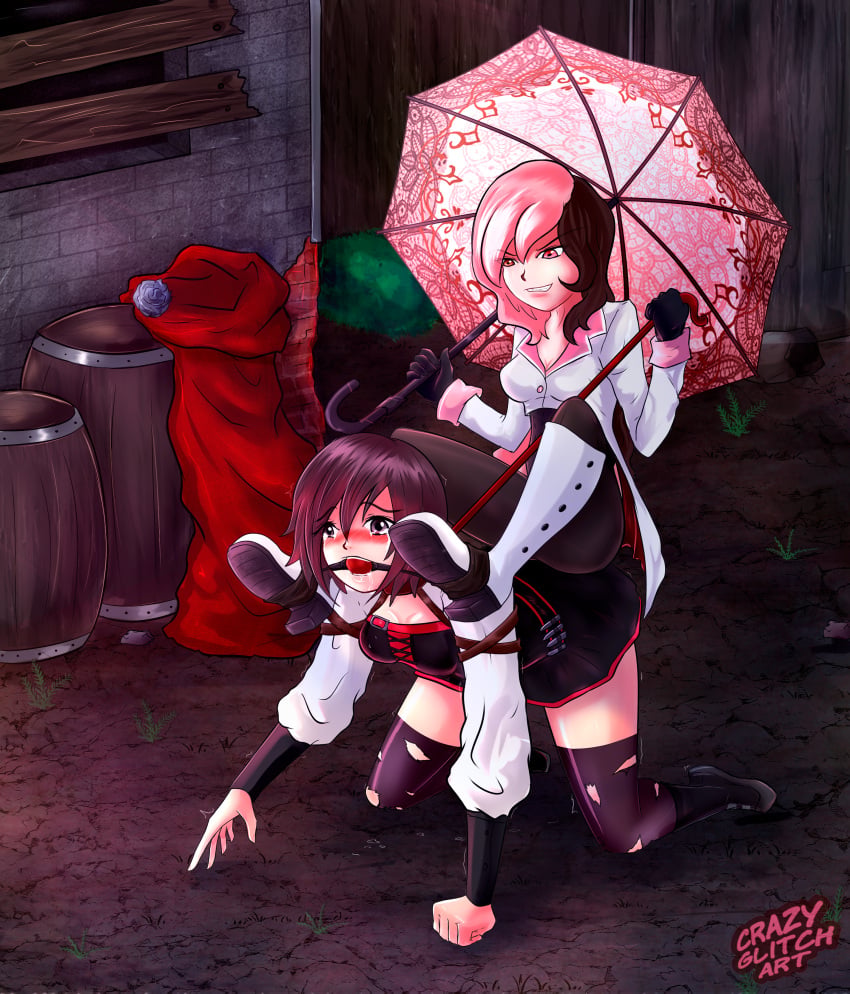 bdsm bondage crazyglitch crying drool female female_only femdom fully_clothed gag gagged humiliation leash_and_collar leash_pull lezdom neo_(rwby) ponyplay ruby_rose rwby