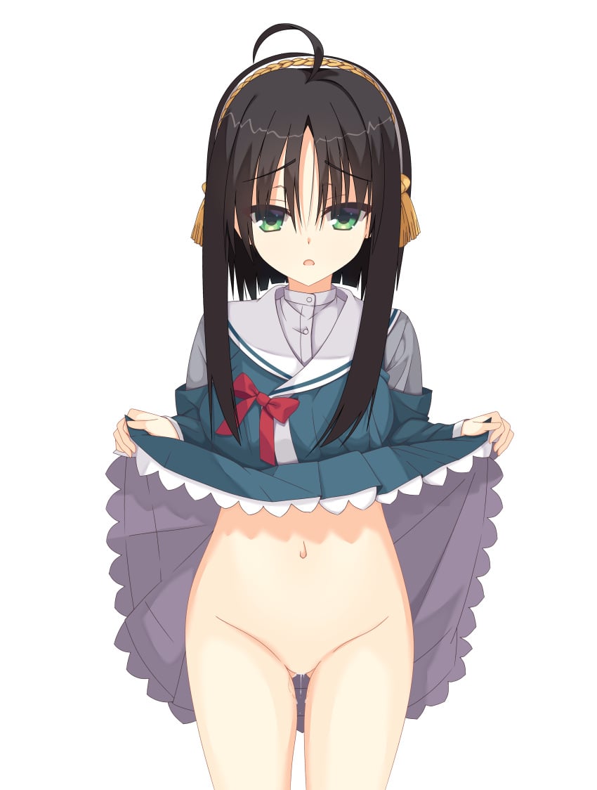 1girl absurdres ahoge ass_visible_through_thighs bad_id bad_pixiv_id black_hair bow clothes_lift cowboy_shot female female_only frilled_skirt frills frown furrowed_brow green_eyes green_jacket green_skirt groin hair_between_eyes hair_ornament highres hitachi_mako jacket kaon_zz lifting_own_clothes long_sleeves looking_at_viewer navel no_panties open_mouth pussy_juice red_bow sailor_collar school_uniform senren_banka serafuku short_hair_with_long_locks shy simple_background skirt skirt_lift solo standing stomach straight-on straight_hair tassel tassel_hair_ornament variant_set white_background white_sailor_collar