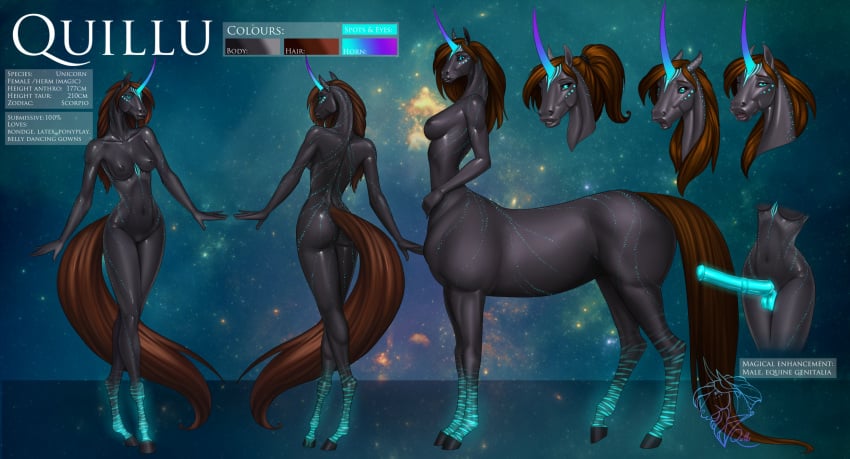 animal_genitalia animal_penis anthro bioluminescence blue_eyes breasts brown_hair english_text equid equid_taur equine equine_genitalia equine_penis erection female futanari genitals glowing gynomorph hair hi_res hooves horn intersex long_hair mammal mammal_taur medial_ring model_sheet mythological_creature mythological_equine mythology nipples penis ponytail pussy quillu quillu_(character) solo stripes taur text unicorn update updated