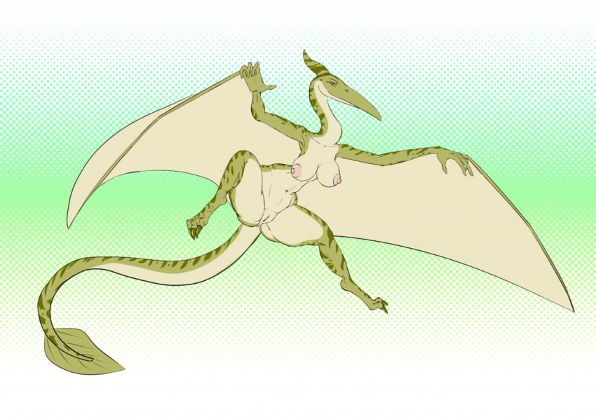 2016 4_fingers anthro anus areola armpits ass beak big_breasts breasts claws dinosaur female green_background green_claws green_horn green_scales horn looking_at_viewer membranous_wings navel nipples nude pink_nipples pteranodon pussy rhamphorhynchus sanfingulipunrapin scales scalie simple_background smile solo stripes thick_thighs toe_claws wide_hips wings yellow_eyes