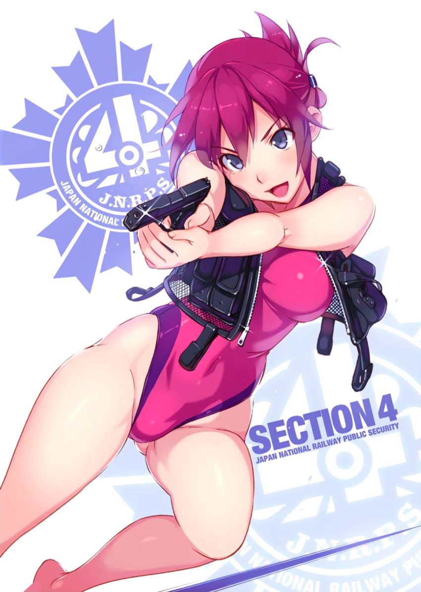 1girls :d aiming arms_up ass_visible_through_thighs attacking_viewer bangs bare_legs barefoot blue_eyes breasts competition_swimsuit covered_navel female glint gun hair_ornament hair_up handgun highres large_breasts leg_up one-piece_swimsuit open_mouth pink_hair pink_swimsuit pistol rail_wars! sakurai_aoi scan short_hair simple_background skin_tight smile solo swimsuit thighs vania600 vest weapon zipper